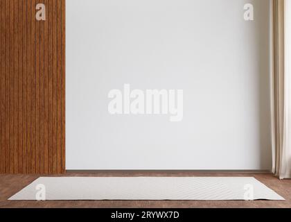 Fond blanc et mur en bois et plancher en bois Banque D'Images