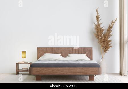 Rendu 3D chambre de style minimal avec lit brun en bois Banque D'Images