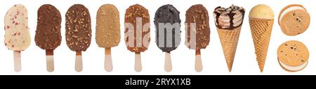 Crèmes glacées au chocolat avec glaçage de différentes couleurs. Un grand ensemble de crème glacée de différents types, saveurs sur un fond blanc isolé. Banque D'Images