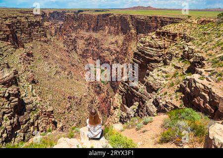 Heureuse fille adorable sur une falaise escarpée prenant dans la vue imprenable sur le célèbre Grand Canyon sur une belle journée ensoleillée, Grand Canyon Banque D'Images