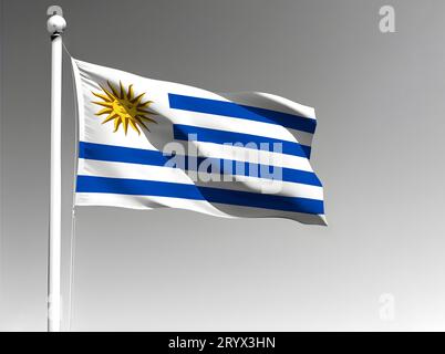 Drapeau national de l'Uruguay isolé agitant sur fond gris Banque D'Images