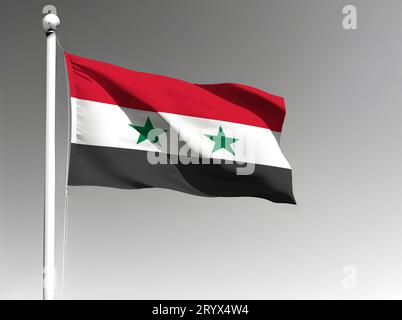 Drapeau national syrien isolé agitant sur fond gris Banque D'Images
