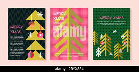 Joyeux Noël design moderne plat, bannière de bonne année. Flocons de neige, décorations et éléments d'arbres de Noël. Illustration vectorielle colorée à plat Illustration de Vecteur