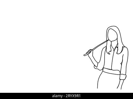 Femme dans un costume d'affaires avec un pointeur dans ses mains se tient près du tableau noir. Un dessin au trait, illustration vectorielle. Illustration de Vecteur