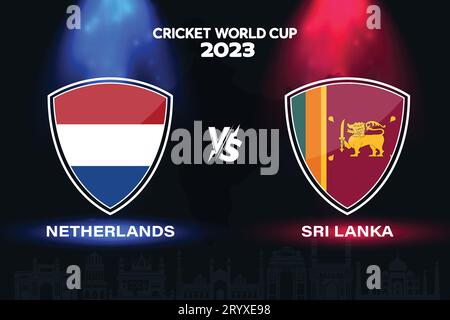 Pays-Bas vs Sri Lanka logo de drapeau de cricket international sur fond d'horizon indien pour la finale de la coupe du monde 2023. Vecteur EPS pour match sportif Illustration de Vecteur