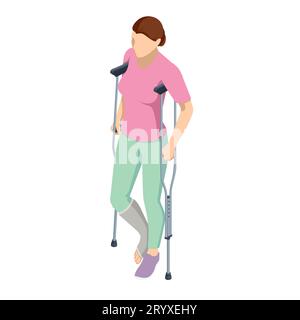 Femme isométrique avec une blessure à la jambe dans un plâtre sur des béquilles. Concept de sécurité sociale et d'assurance maladie. Réadaptation Illustration de Vecteur