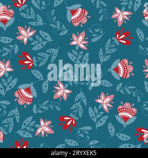 Motif d'art folklorique scandinave dessiné à la main avec des fleurs et des feuilles. Conception de Noël sans couture Vector. Illustration de Vecteur
