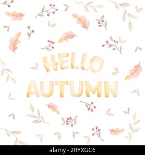 Bonjour bannière d'automne, motif d'automne, motif floral rustique, fond de bois, composition pré-faite, fond blanc Banque D'Images