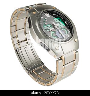 Montre-bracelet analogique numérique pour hommes, rendu 3D isolé sur fond blanc Banque D'Images