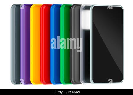 Téléphone portable et étuis en silicone colorés pour smartphones. Rendu 3D isolé sur fond blanc Banque D'Images