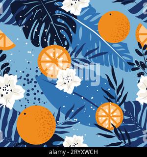 Modèle sans couture avec des feuilles tropicales, des oranges et des fleurs. Illustration de Vecteur