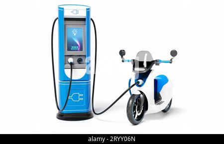 Moto EV avec station de charge sur fond blanc isolé. Technologie d'énergie verte et concept de transport. Illustration 3D. Banque D'Images