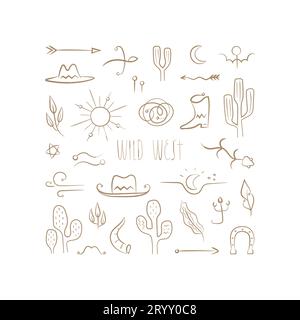 Éléments Boho Wild West dessinés à la main dans un cadre carré. Bannière avec des animaux, des oiseaux, des flèches, des plantes, des symboles. Illustration de Vecteur