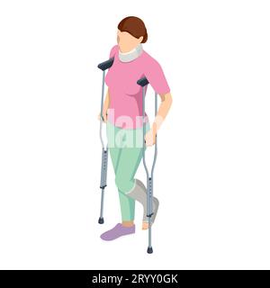 Femme isométrique avec une blessure à la jambe dans un plâtre sur des béquilles et une blessure au cou. Concept de sécurité sociale et d'assurance maladie. Personne avec un gypse et un Illustration de Vecteur