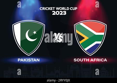 Pakistan vs Afrique du Sud logo de drapeau de cricket international sur fond d'horizon indien pour la finale de la coupe du monde 2023. Vecteur EPS pour un sport Illustration de Vecteur