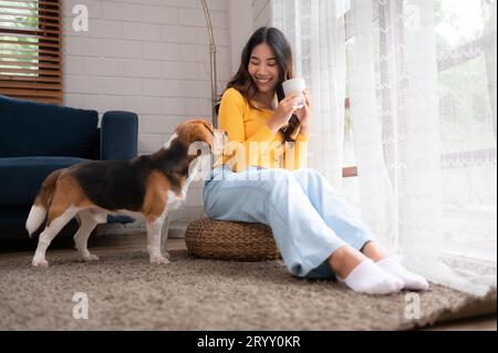 Le week-end, un beagle et son propriétaire s'assoient dans leur salon, sirotant un café et regardant par la fenêtre. Banque D'Images