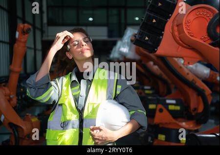 Portrait de femme ingénieur avec la mission d'auditer, tester, améliorer les logiciels et calibrer le bras robotique. Banque D'Images