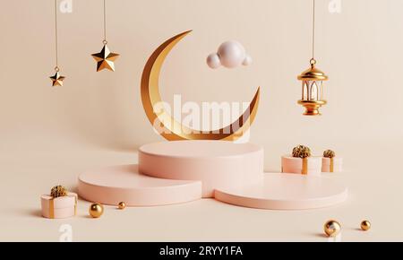 Podium de produit en Ramadan ou Eid Mubarak style de culture traditionnelle islamique sur fond de couleur corail. Fêtes et fêtes arabes Banque D'Images