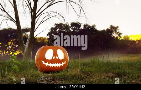 Halloween Jack O Lantern citrouille sous l'arbre mort dans la forêt terrifiante en automne. Concept de saison des fêtes et d'idées saisonnières. Banque D'Images