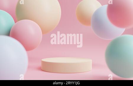 Scène de podium de produit minimal avec ballons de couleur pastel multicolore en forme géométrique pour le fond de présentation. Résumé dos Banque D'Images