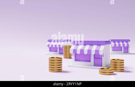 Supermarché avec des pièces de monnaie dorées empilées sur fond violet. Concept financier et économique. 3D rendu d'illustration Banque D'Images