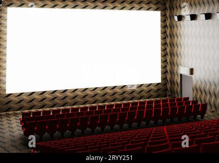 Écran blanc blanc de cinéma lumineux de cinéma avec des rangées rouges réalistes de sièges et de chaises avec fond vide d'espace de copie. M Banque D'Images