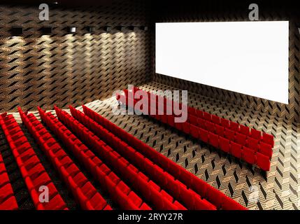 Écran blanc blanc de cinéma lumineux de cinéma avec des rangées rouges réalistes de sièges et de chaises avec fond vide d'espace de copie. M Banque D'Images