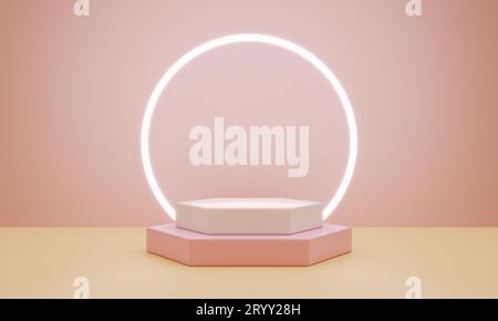 Scène de podium de produit minimal avec anneau de couleur corail rose pastel clair et forme hexagonale géométrique pour fond de présentation. AB Banque D'Images