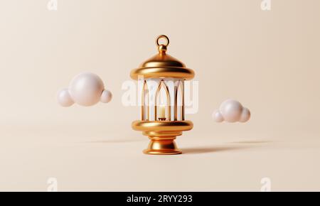 Lanterne islamique avec nuage lowpoly minimal sur fond de couleur corail. Ramadan Kareem et Eid Mubarak concept. Illustration 3D réf Banque D'Images