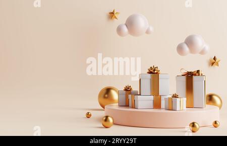 Podium de produit minimal avec des coffrets cadeaux présents et des nuages dans le festival Happy New Year ou Ramadan sur fond de couleur corail. Holid Banque D'Images