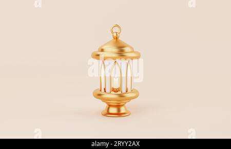 Lanterne de style islamique doré pour le jour de Ramadan Kareem sur fond de couleur corail. EID Moubarak et concept de religion sainte. Illustr. 3D Banque D'Images