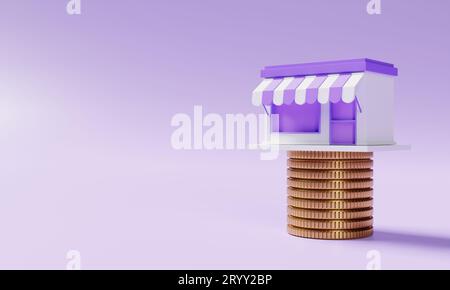 Magasin de supermarché sur l'empilage des pièces de monnaie dorées sur fond violet. Concept financier et économique. 3D rendu d'illustration Banque D'Images