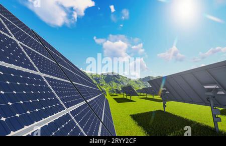 Centrale solaire avec panneaux solaires pour la production d'énergie électrique par énergie verte. Technologie et électrique industriel p Banque D'Images