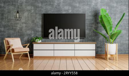 TV au-dessus du meuble en bois dans une pièce vide moderne avec tapis de plantes de chaise et lampe sur le parquet. Architecture et intérieur concep Banque D'Images