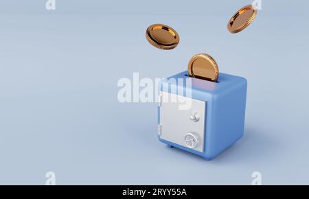 Coffre-fort avec la chute et la collecte de pièces d'or sur fond bleu. Concept de sécurité économique et d'épargne financière. 3D. Banque D'Images