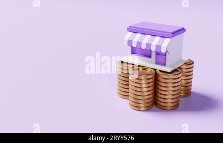 Magasin de supermarché sur l'empilage des pièces de monnaie dorées sur fond violet. Concept financier et économique. 3D rendu d'illustration Banque D'Images