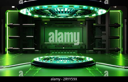 Vitrine de podium de produit SCI-fi dans le vaisseau spatial avec fond de lumière verte. Technologie spatiale et concept d'objet. Illustration 3D réf Banque D'Images