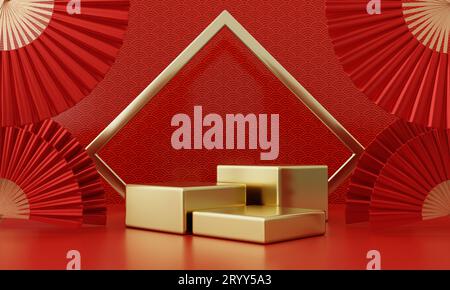 Nouvel an chinois rouge style moderne trois podium vitrine de produit avec cadre d'anneau doré arrière-plan de motif de style japonais. Heureux Banque D'Images