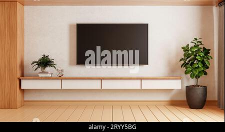 TV au-dessus de l'armoire en bois dans une pièce vide moderne avec tapis de plantes sur fond en bois. Thème de style japonais. Architecture et int Banque D'Images