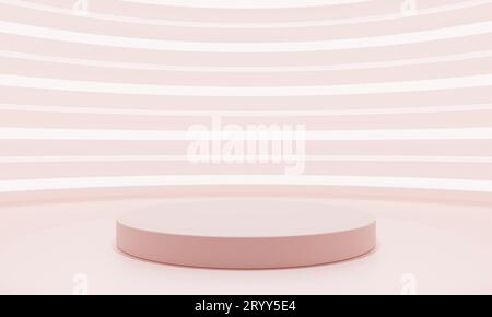 Vitrine podium de produit rose de courbes de style minimal avec fond néon blanc et rose. Technologie et concept d'objet. Illustr. 3D Banque D'Images