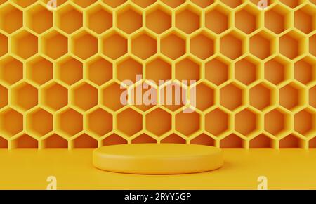 Fond en nid d'abeille jaune avec un podium minimal pour la publicité.Concept objet et abstrait.3D rendu d'illustration Banque D'Images