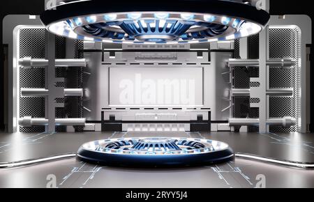 Vitrine de podium de produit SCI-fi dans un vaisseau spatial avec fond blanc et bleu. Technologie spatiale et concept d'objet. Illustration 3D. Banque D'Images