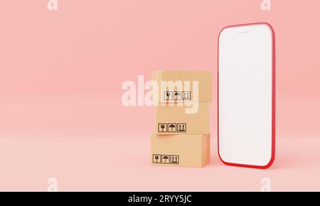 Carboardboxes avec maquette de smartphone à écran blanc isolé sur fond pastel rose. Livraison commerciale et achats en ligne conc Banque D'Images