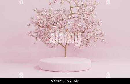 Vitrine de podium de produit rose de cylindre de style minimal avec arbre de fleur de cerisier ou Sakura en langue japonaise dans le jardin public. Te Banque D'Images