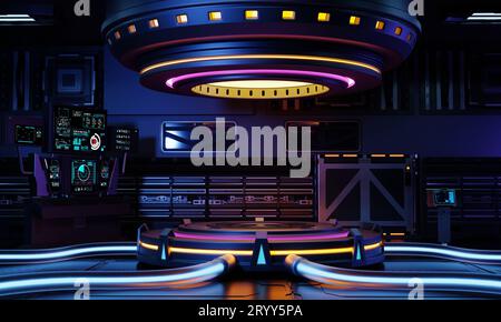 Vitrine de podium de produit de science-fiction cyberpunk dans un vaisseau spatial avec fond jaune bleu violet et rose. Technologie et concept d'objet Banque D'Images