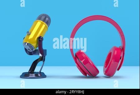 Casque et microphone sur fond rose-bleu avec bonbons multicolores