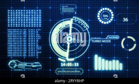 Affichage d'écran d'ordinateur d'interface utilisateur de vitesse de voiture de conduite de HUD avec l'arrière-plan de pixels. Hologr de transformation numérique abstraite bleue Banque D'Images