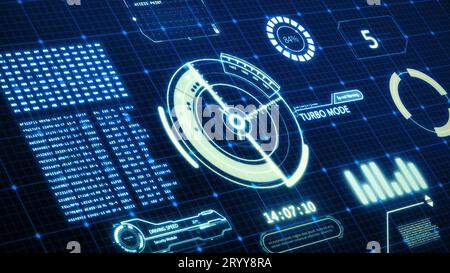 Affichage d'écran d'ordinateur d'interface utilisateur de vitesse de voiture de conduite de HUD avec l'arrière-plan de pixels. Hologr de transformation numérique abstraite bleue Banque D'Images