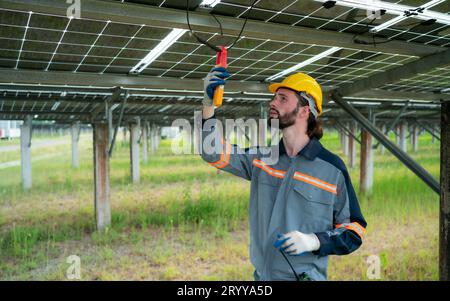 Les ingénieurs électriciens inspectent et entretiennent des cellules solaires à un panneau de cellules solaires au milieu d'une centaine d'acres d'herbe. Banque D'Images