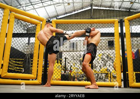 Art martial mixte, Un boxeur avec l'arme de coup de pied le cou la gorge de l'adversaire. Banque D'Images